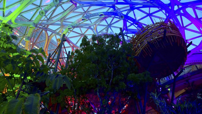 西雅图球体在亚马逊总部在西雅图,佤邦点亮彩虹颜色标记”骄傲月6月。