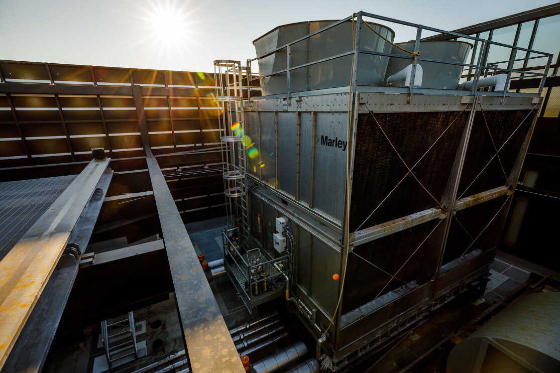 A cooling stack on the roof of the Doppler office tower.