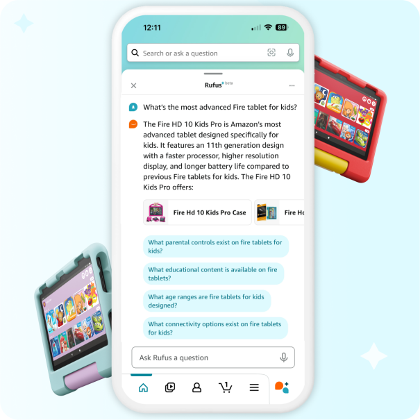 Amazon Rufus answering a customer's question on the most advances Fire tablet for kids