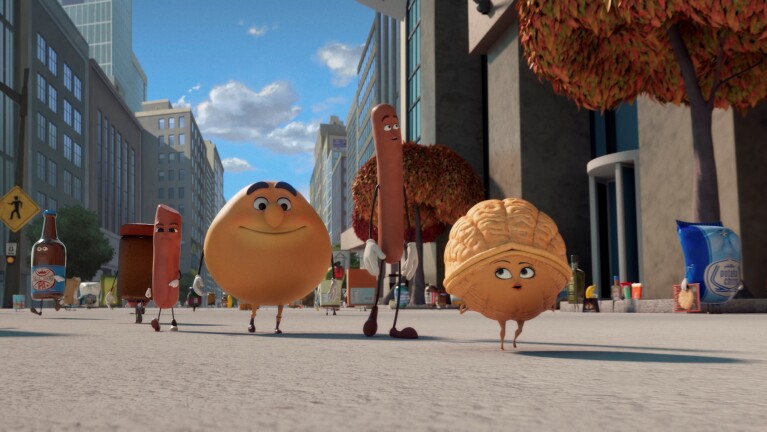 Animated food characters on a city street, including a bun, hot dog, and taco