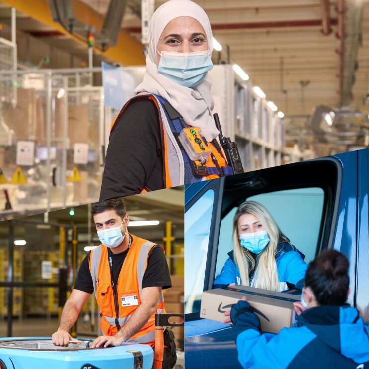 Collage aus Mitarbeiter:innen der Logistik-, Verteil- und Sortierzentren.