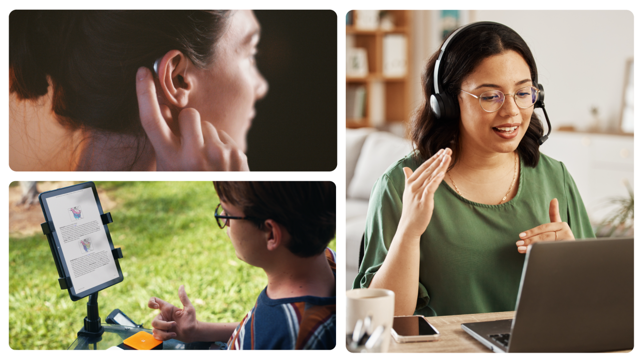 A collage image of three people using devices reflecting the availability of accessibility features