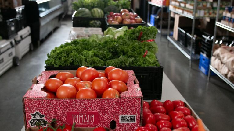 Tomatoes and lettuce for donation in boxes.