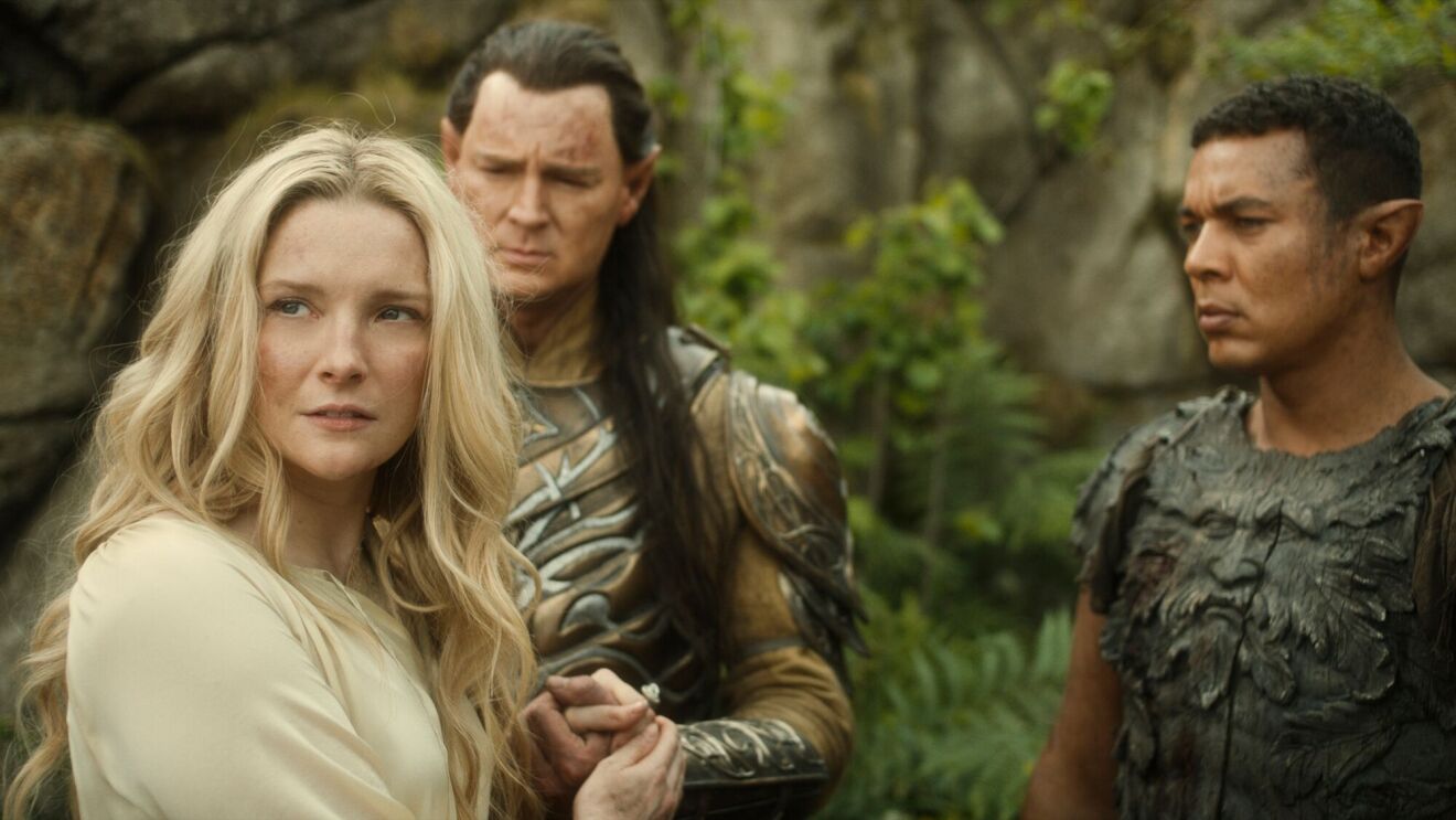 Galadriel (left), Gil-galad (center) and Arondir (right) talk during Season 2 of 'The Lord of the Rings: The Rings of Power."
