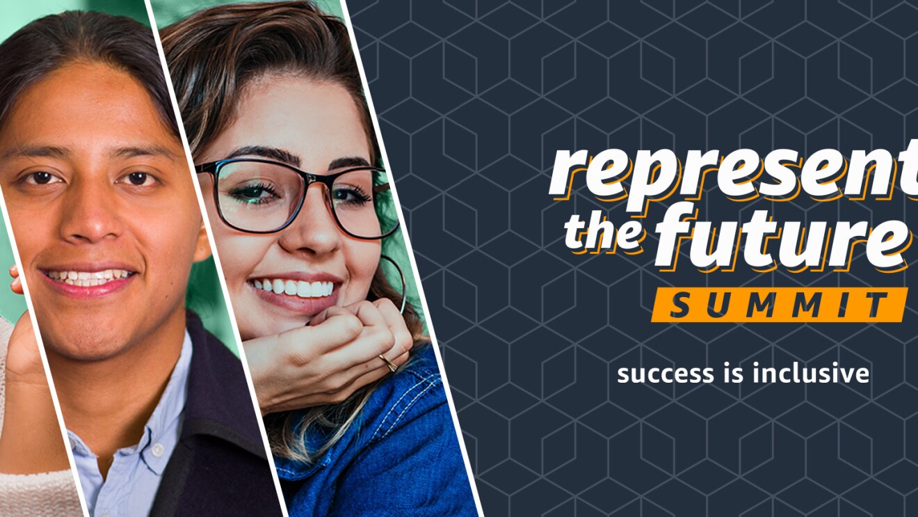 一名黑人女性、一名美国土著男性和一名拉丁裔女性,文字上写着“代表未来的峰会,成功是包容的”