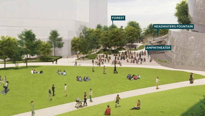 位于阿灵顿的亚马逊新总部外的圆形剧场和户外空间的图像渲染。