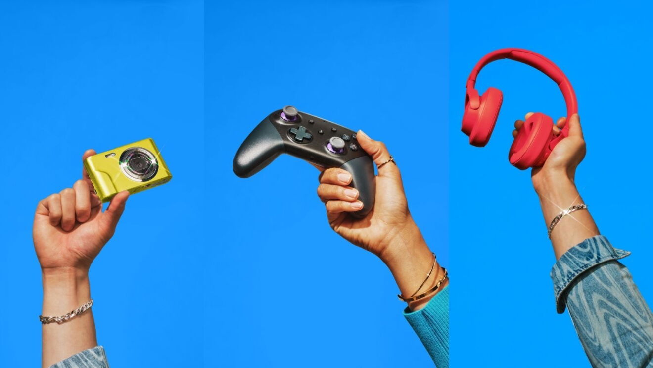 red headphone, game controller, yellow camera