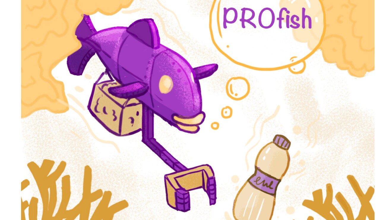 A sketch in purple and orange robotic fish for an Amazon competition entry