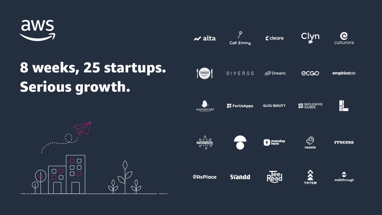 An image with a dark blue background that reads "8 weeks, 25 startups. Serious growth." on the left, and a variety of startup logos on the right. The bottom left includes an illustrated image of a building and plants, and the top left corner shows the AWS logo. 