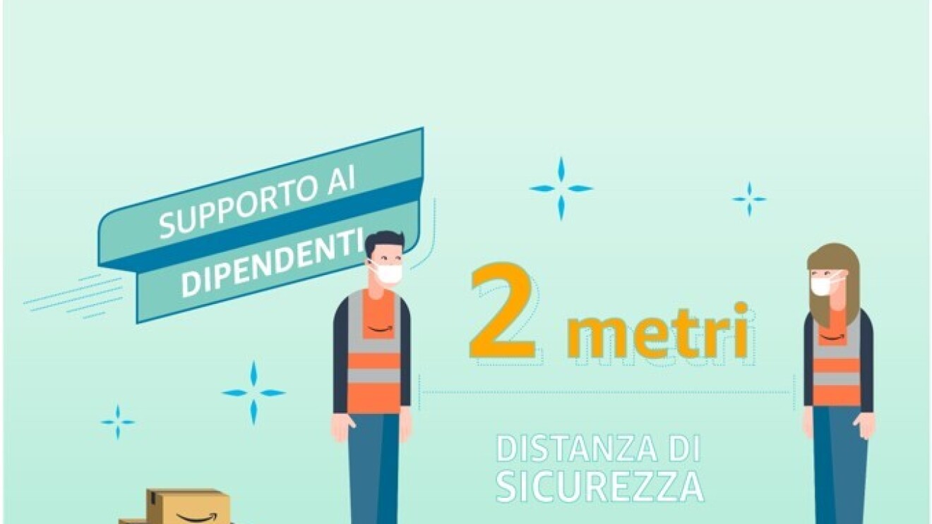 Illustrazione di un uomo e una donna che indossano un giubbino catarinfrangente con il logo Amazon e una mascherina sul volto. Sono separati da una scritta che recita '2 metri, distanza di sicurezza'. Sulla destra ci sono due scatole con il logo Amazon.
