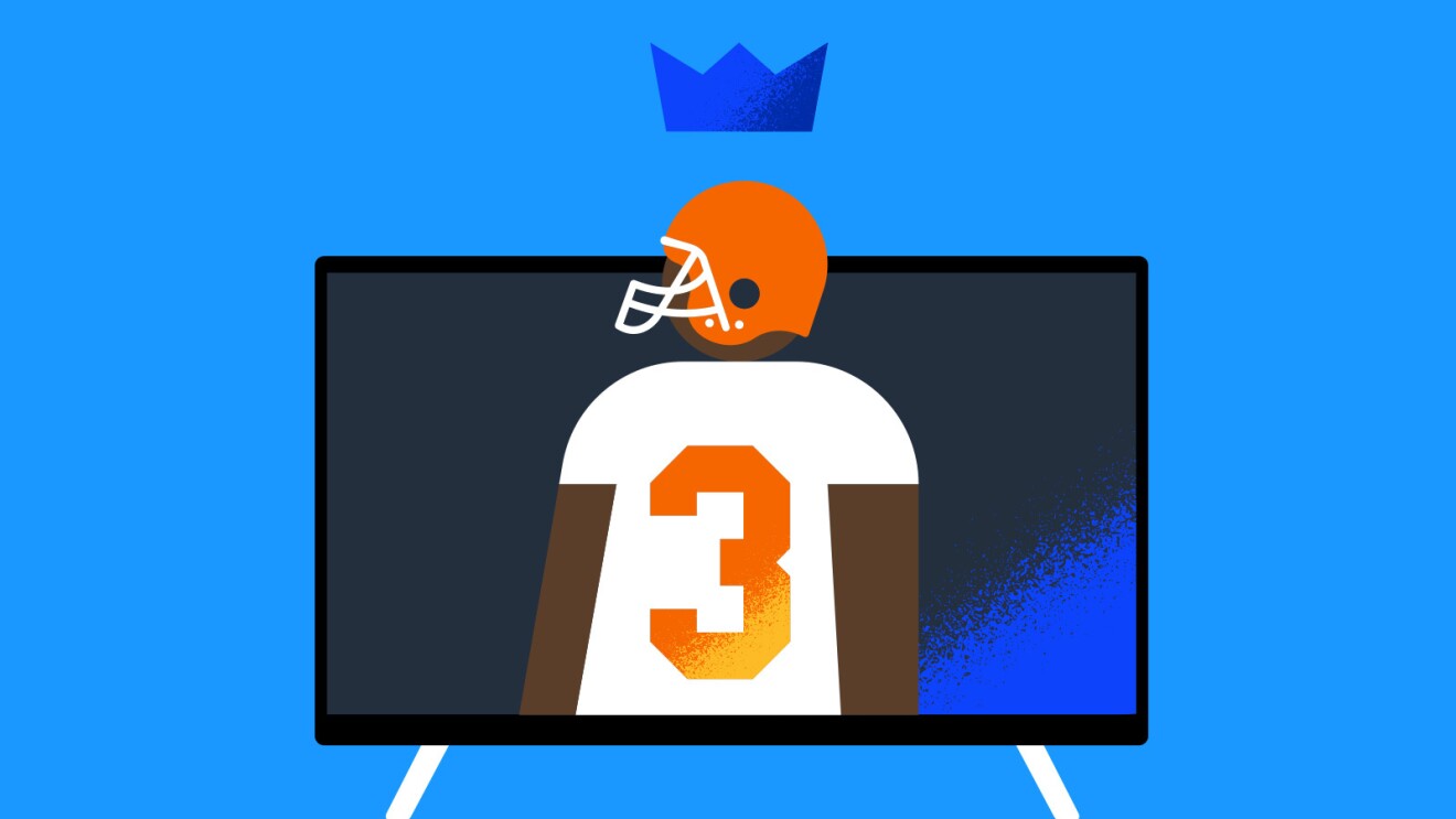 An illustrated image of a TV and a football player. with a crown floating on top of the helmet.