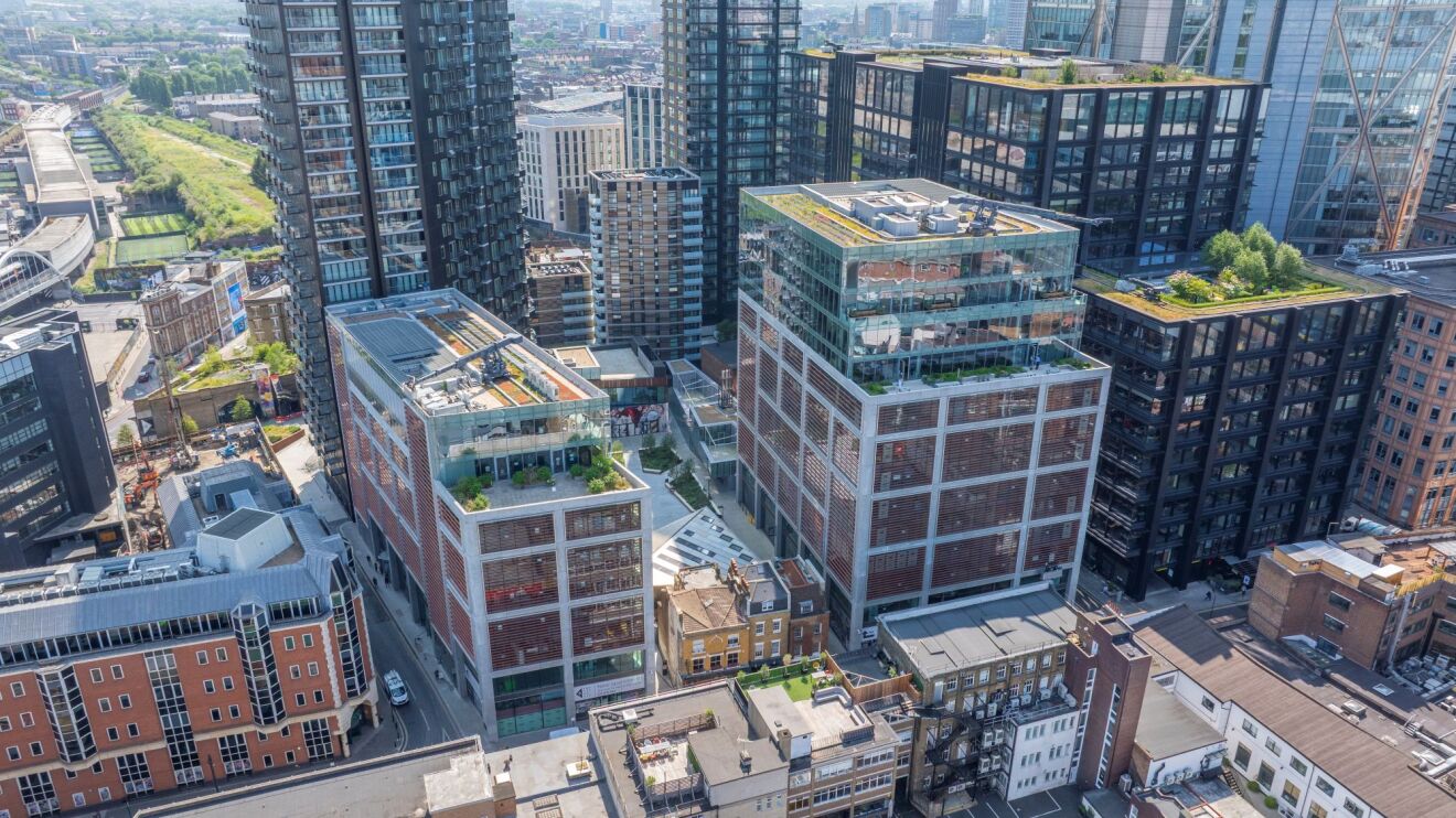 A drone shot of the Amazon London offices