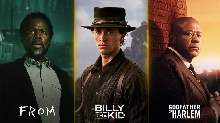 Posters showcasing lead characters from crime film franchises 'From', 'Billy the Kid', 'Godfather of Harlem'