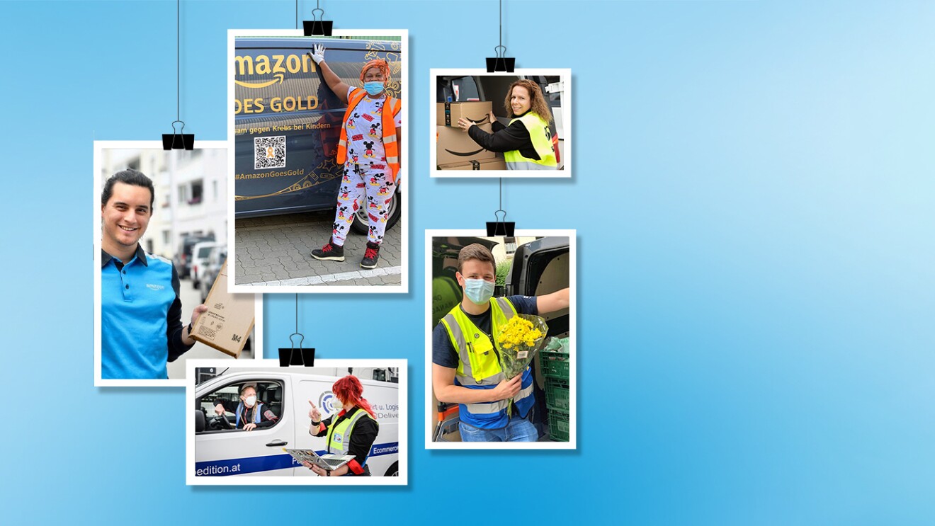 Collage mit verschiedenen Amazon Mitarbeiter:innen.