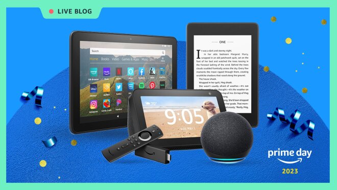 各式各样的亚马逊火和回声设备周围五彩纸屑和一个绿色的盒子结构与一个红色的记录点。在左上角的文本说直播博客虽然在右下角的文本说'一天2023