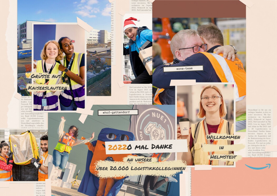 Collage mit Bilder der Amazon Logistikzentren in Helmstedt, Kaiserslautern und Hof-Gattendorf.