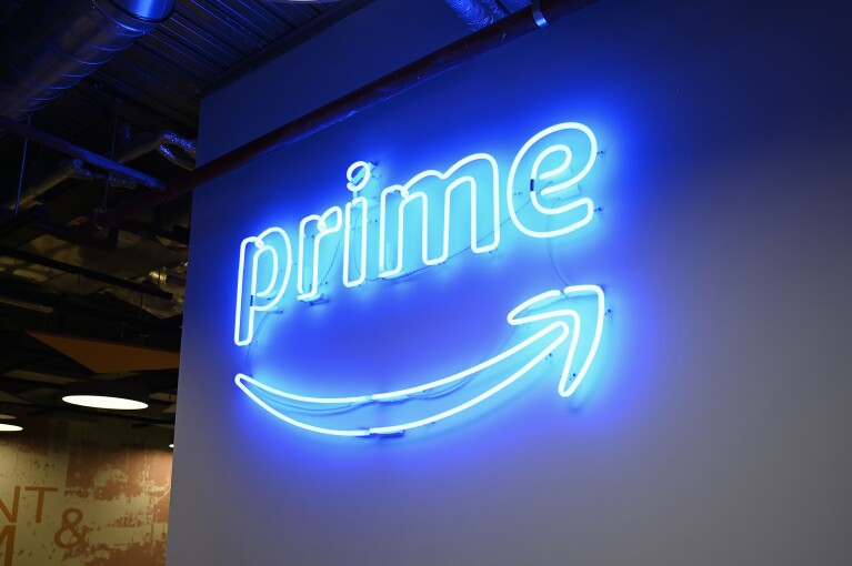 A Prime Video logo attached to the wall inside the Amazon London office, LHR16