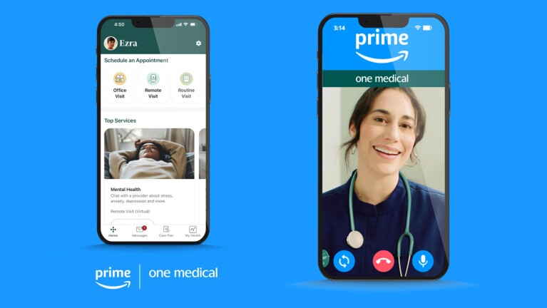 Two smartphone screens showcasing a user experience using One Medical with Prime.