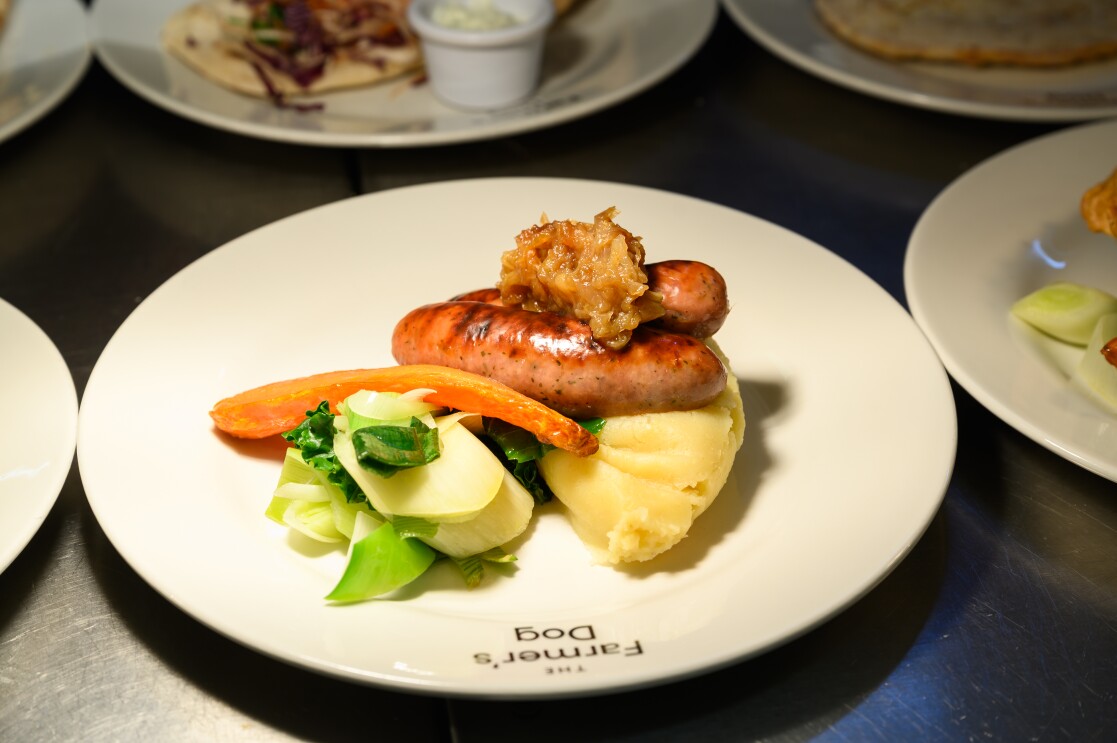 Sausage and mash at The Farmer's Dog in Burford, Jeremy Clarkson's proper British pub from Clarkson's Farm season 4