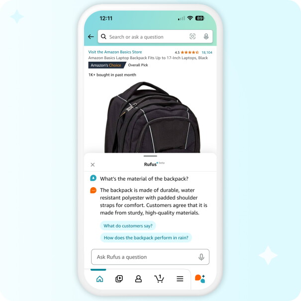 Amazon Rufus provides question suggestions on a product (a grey backpack)