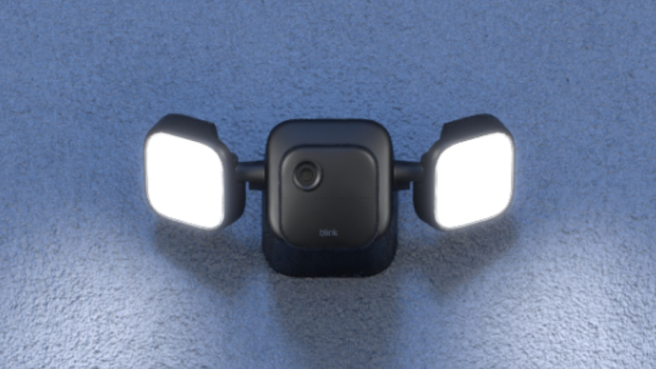 Security camera with dual floodlights against blue background