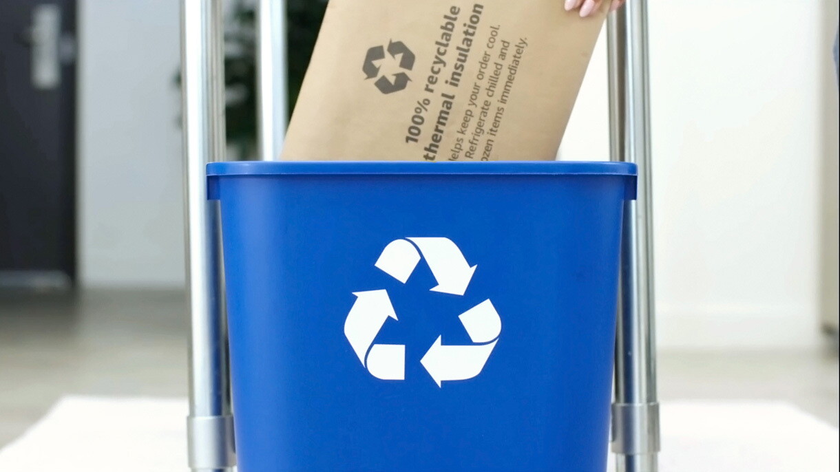 Images of Amazon's new, recyclable grocery delivery packaging.