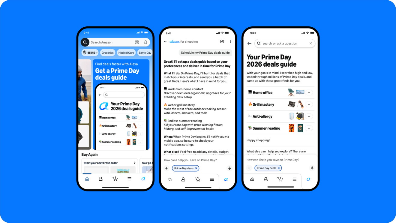 Amazon app Prime Day 2026 deals guide featuring personalized shopping preferences and category-based deal notifications across three phone screens