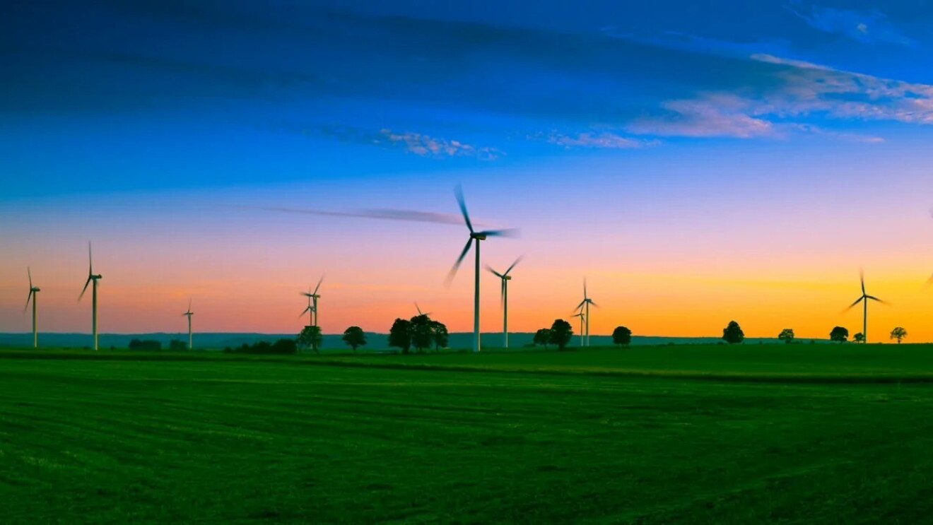 Campo verde con molinos de energía eólica. 