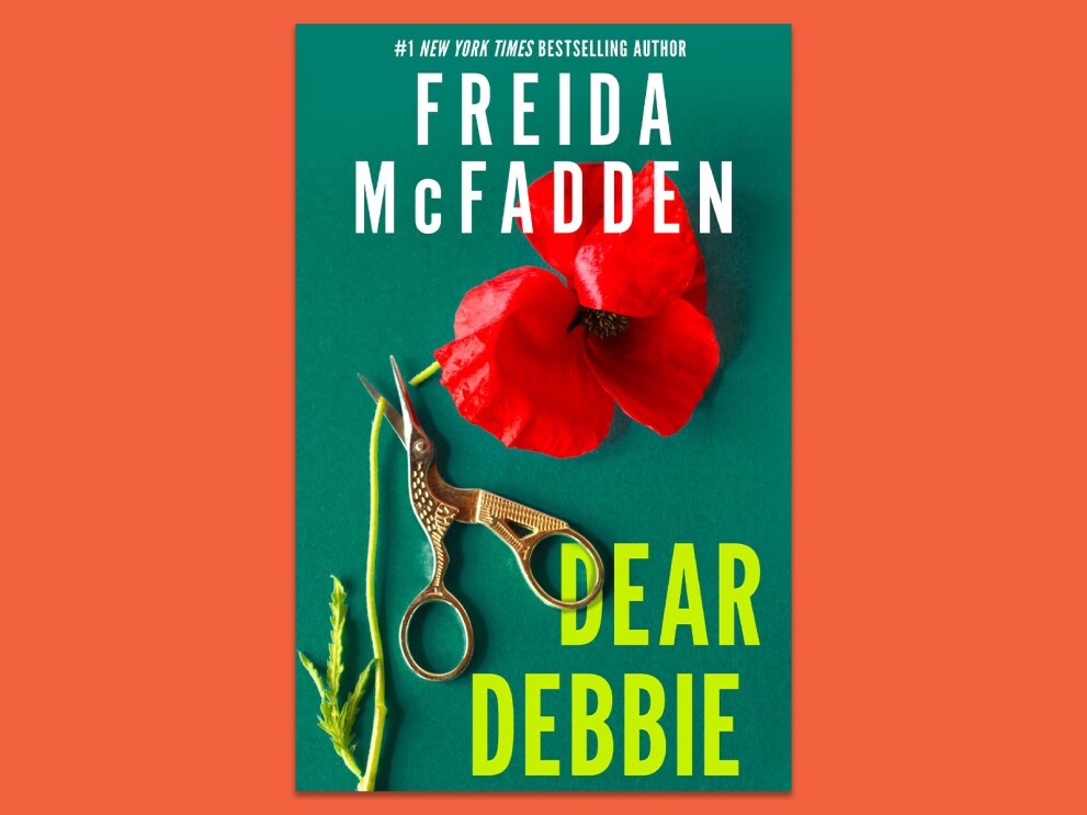 Freida McFadden's bestseller 'Dear Debbie' with poppy and antique scissors available on Amazon