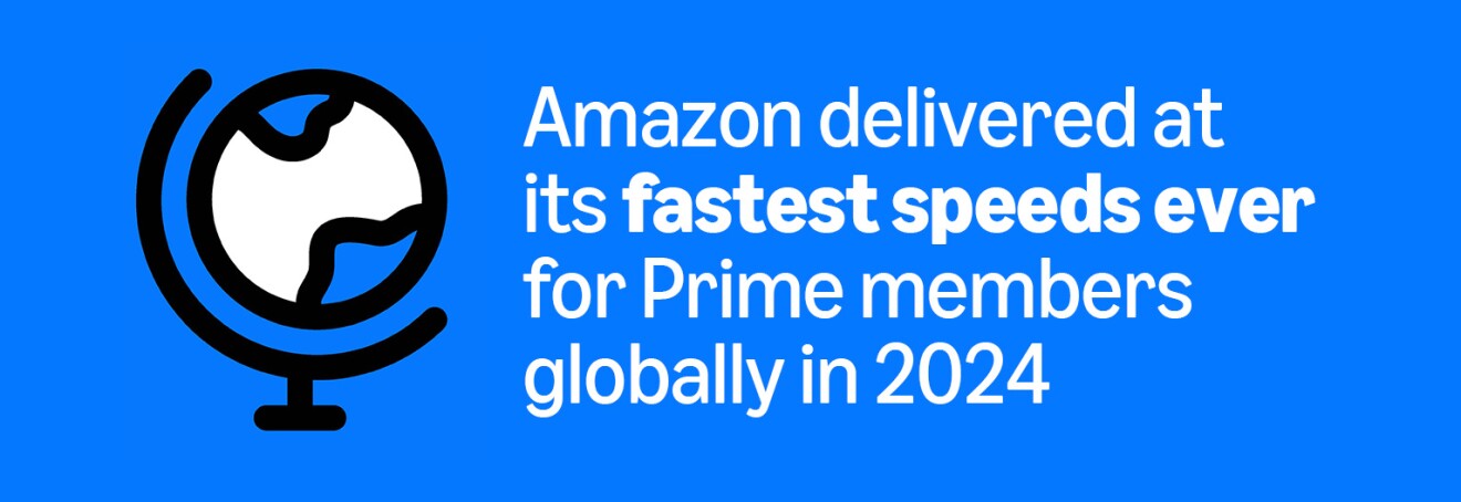 Stylized globe icon with Amazon's delivery speed announcement for 2024