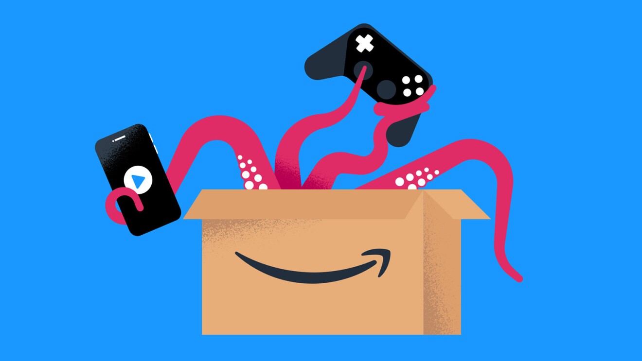 An illustrated image of an octopus crawling out of an Amazon box. The tentacles are holding a game controller and a phone.