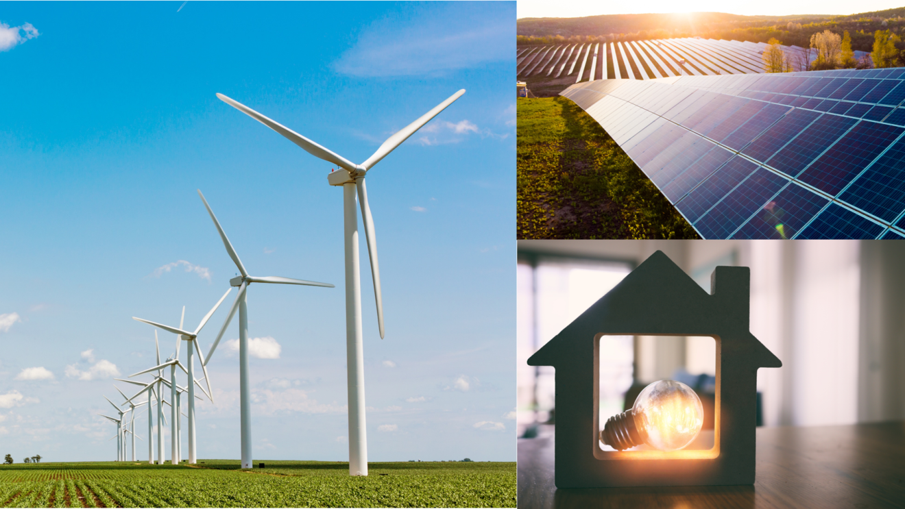 solar panels and wind turbines generating electricity