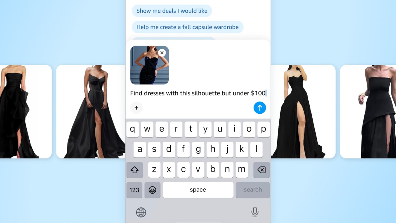 Rufus AI shopping UI for recommending affordable formal dresses under $100