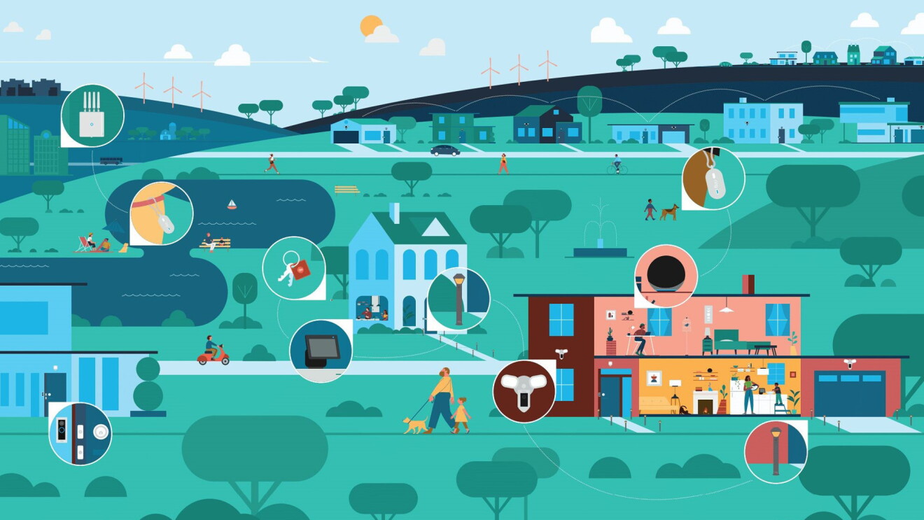 An illustrated image of a town demonstrating how Amazon Sidewalk devices are connected throughout. 
