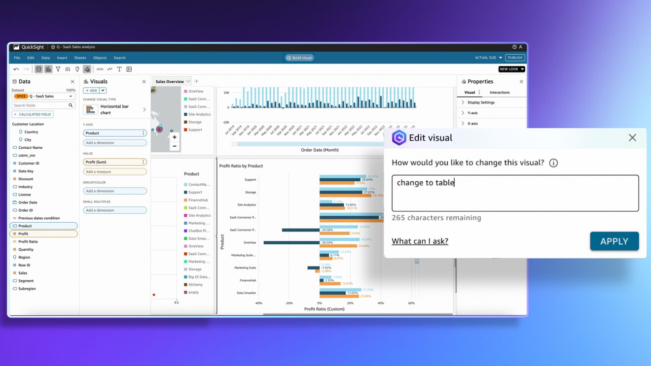 Una kimagen de Amazon Q in QuickSight. El usuario está preguntando a Q como cambiar de chart a una tabla.