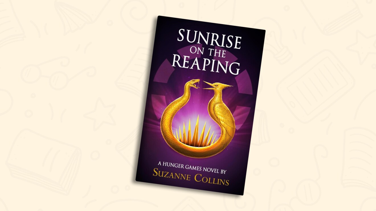 Book cover of 'Sunrise on the Reaping' by Suzanne Collins featuring golden bird creatures