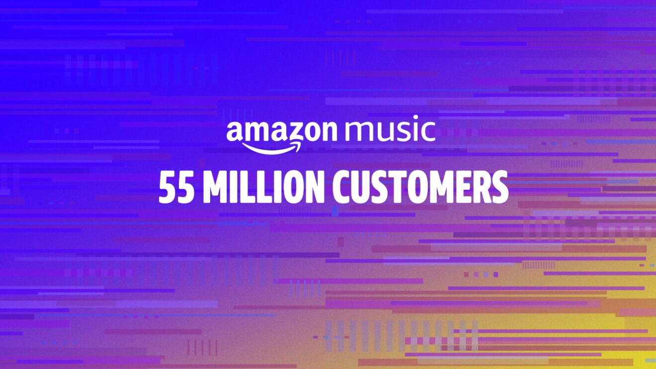 A graphic visual background of blues, fading into purple, pink, and orange, with text overlay that says "Amazon Music - 55 million customers" 