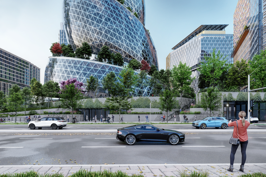 A rendering of the exterior of Amazon's new headquarters in Arlington, Virginia.