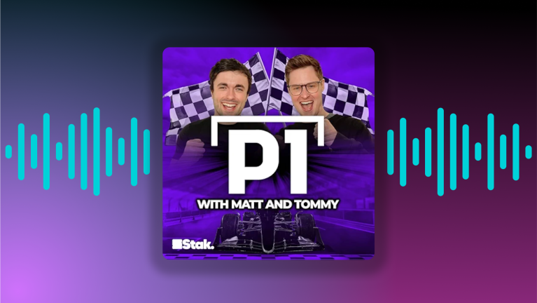 Podcast cover art for P1 with Matt and Tommy featuring racing flags and F1 car