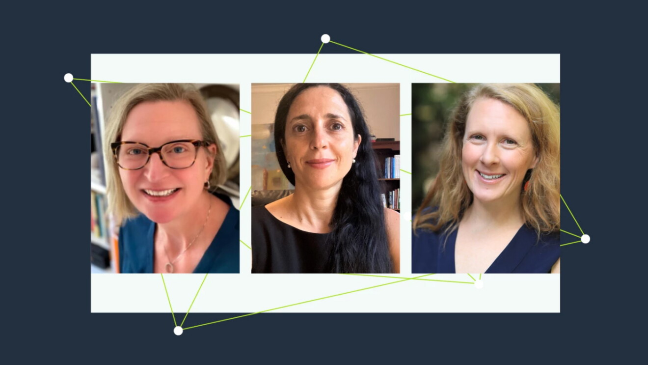 Photographs of three women who work in science on a dark blue background