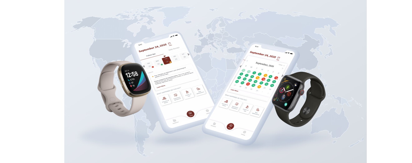 A map of the word in the background with two iPhones showing the MyPHD app and two smartwatches alongside the iPhones.