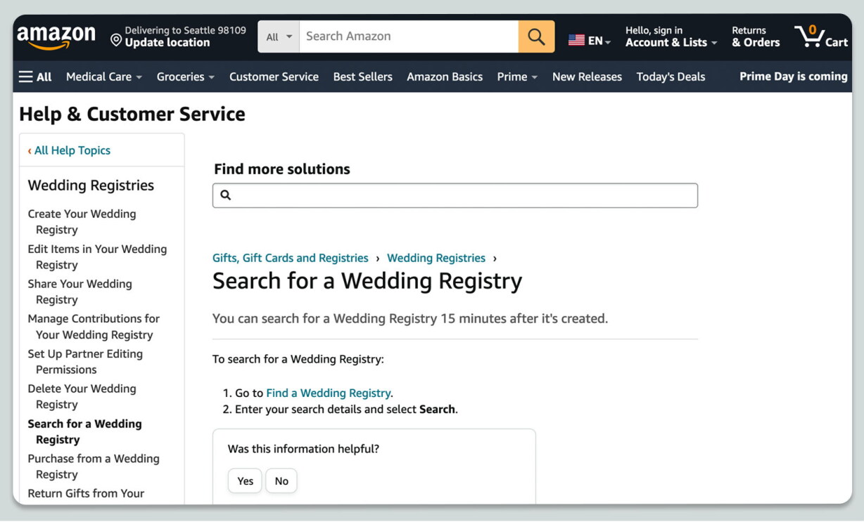 Browser showing how to search for a wedding registry if it is set to public.