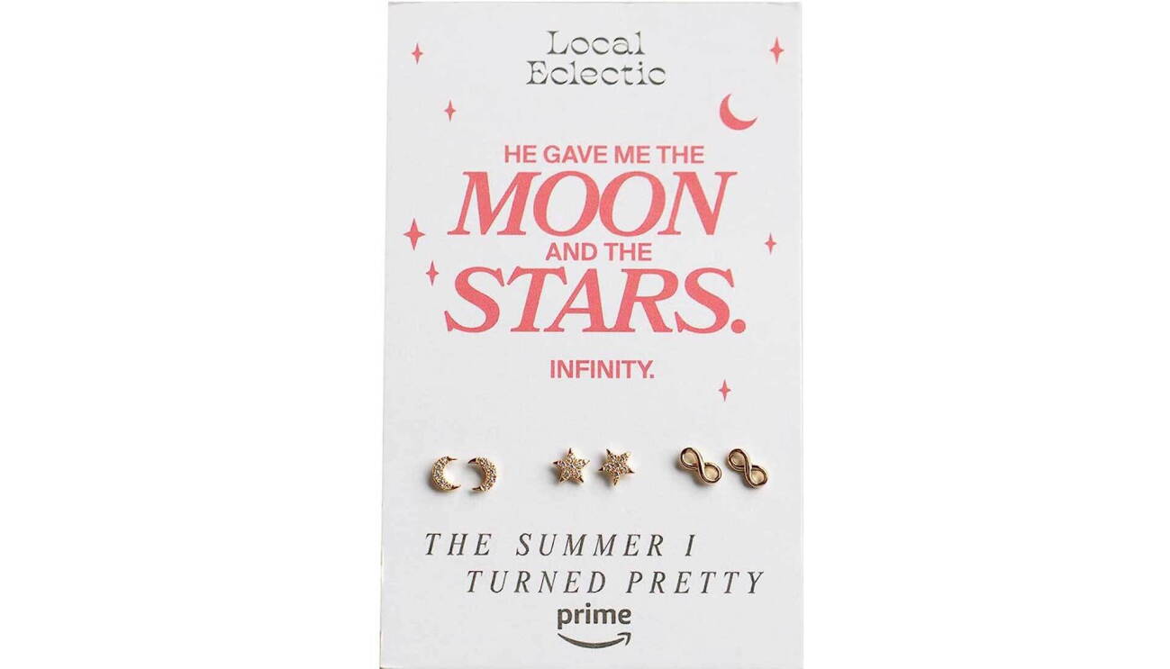 Image of stud earring pack with the phrase "He gave me the moon and the stars. Infinity" displayed on it.
