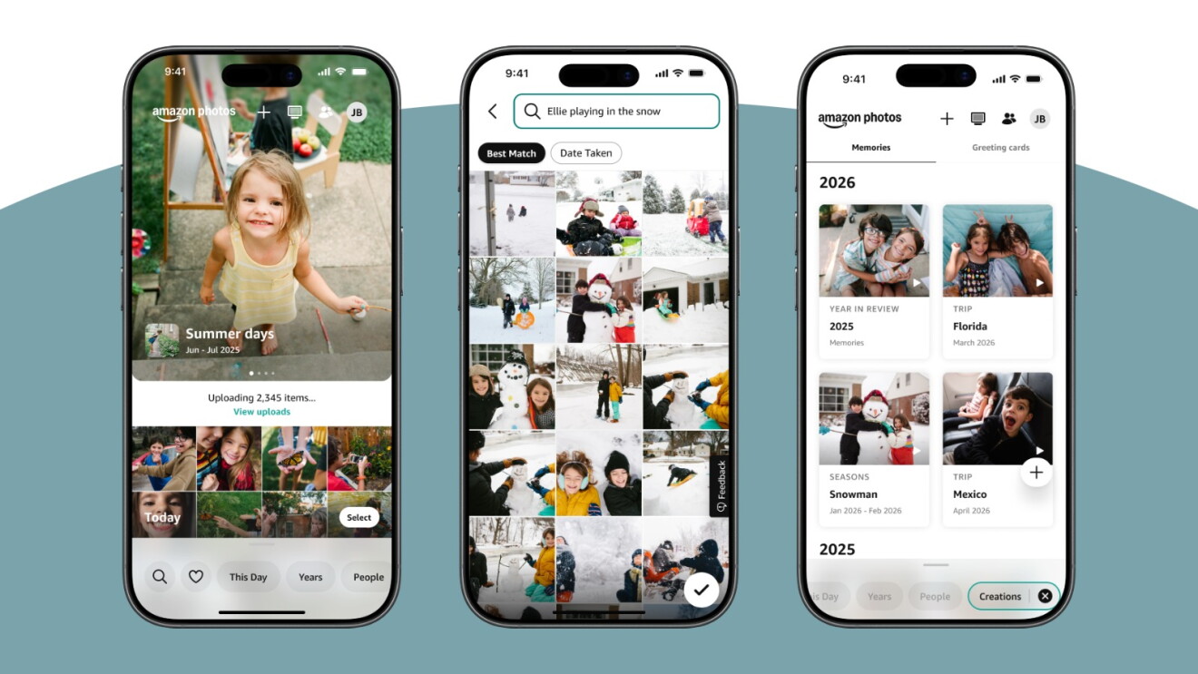 Amazon Photos mobile app displaying photo upload progress, winter memories grid, and organized album collections from 2025-2026