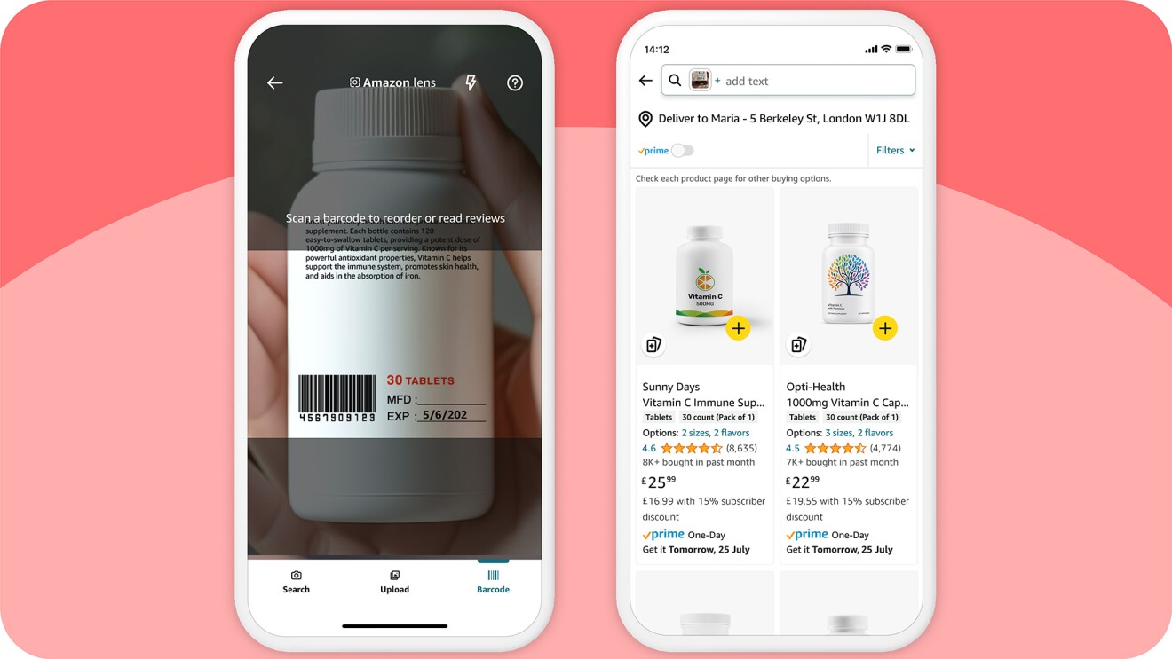 An image of someone scanning a barcode to search for the product with Amazon Lens