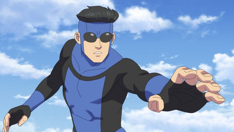 Invincible wearing a new blue suit for Season 3 of the animated show on Prime Video.