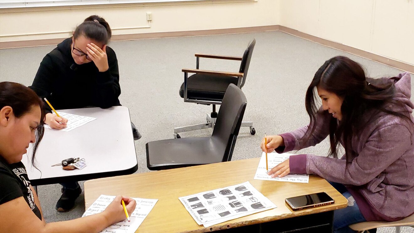 A photo of three students studying at desks at A.C. Houghton Elementary School 