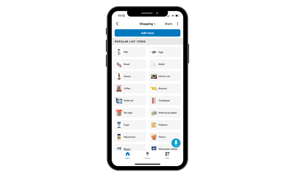 A mobile phone showing the shopping lists feature on the Alexa app