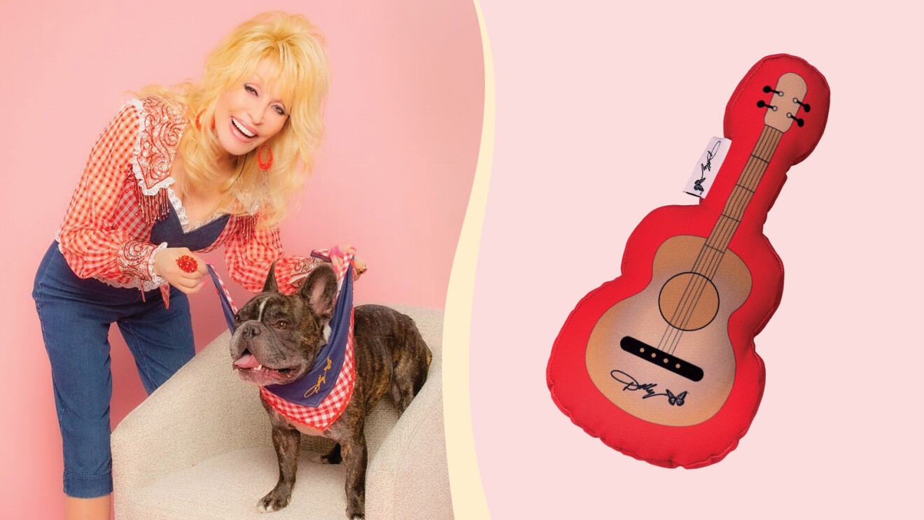 On the left Dolly Parton smiles and puts a matching bandana on a French bulldog. On the right is a guitar dog toy.