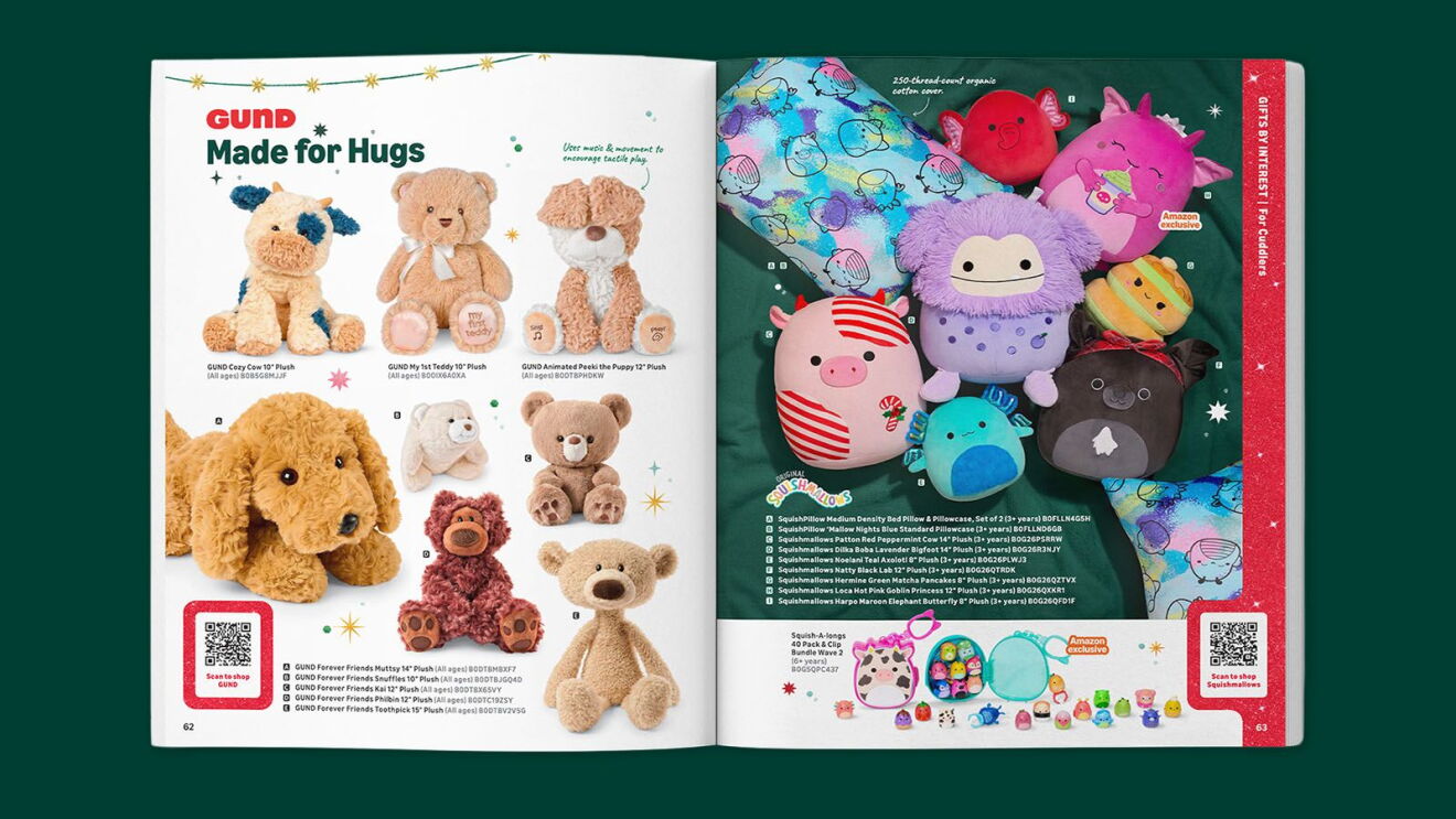 GUND plush toys and Squishmallows catalog page featuring teddy bears, puppies, and colorful stuffed animals